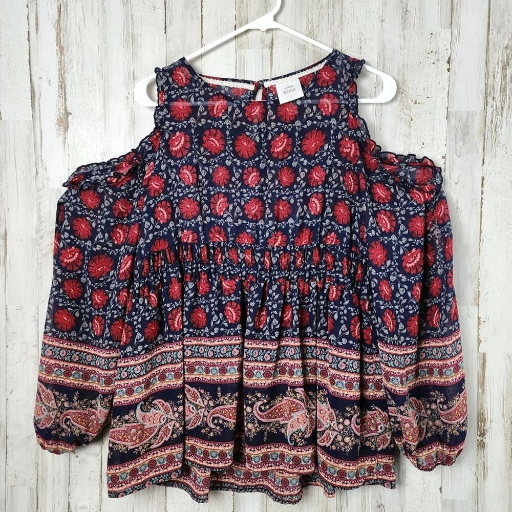 Knox Rose Floral Cold Shoulder Boho Blouse Rose Blue Size Large